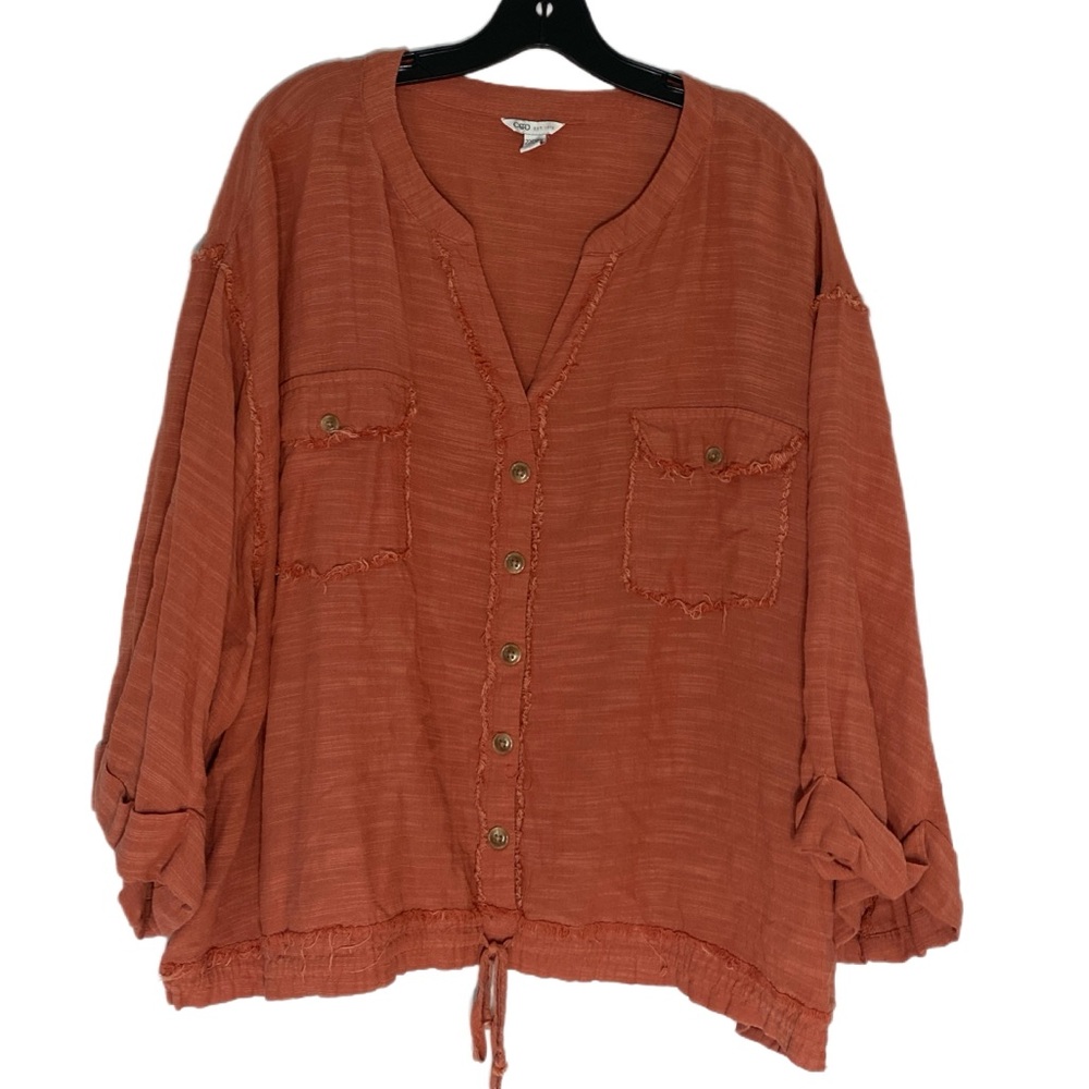 Cato Long‎ Sleeve Distressed Rust Colored Button Down Lagan Look Raw Hem 22/24W